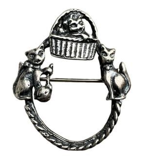 Vintage Sterling Silver 925 Cat Pin Brooch Three Kittens Wreath Yarn Basket